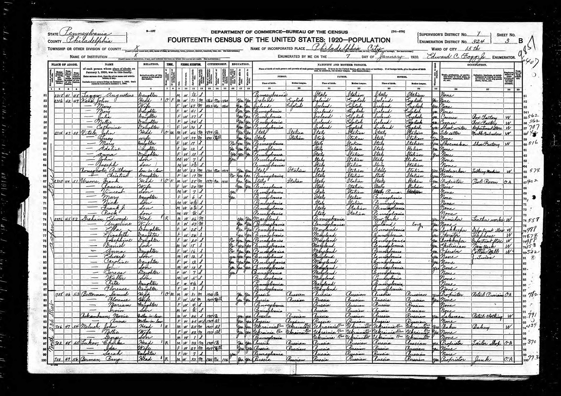 1920 Philadelphia, ED 324, ward 15, sheet 3-B, full page