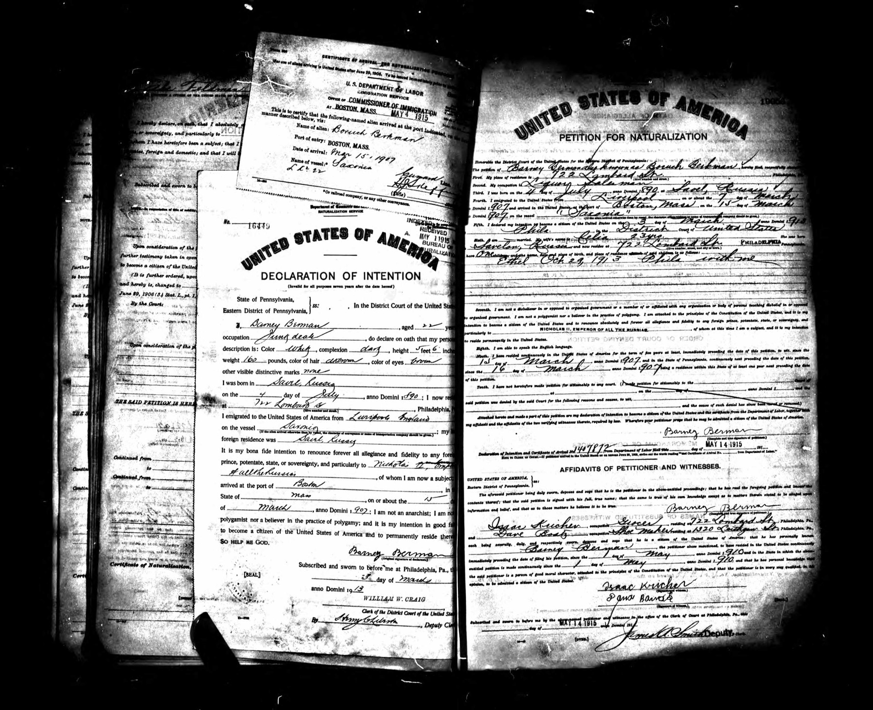 Barney Berman: declaration, petition and arrival certificate: full source