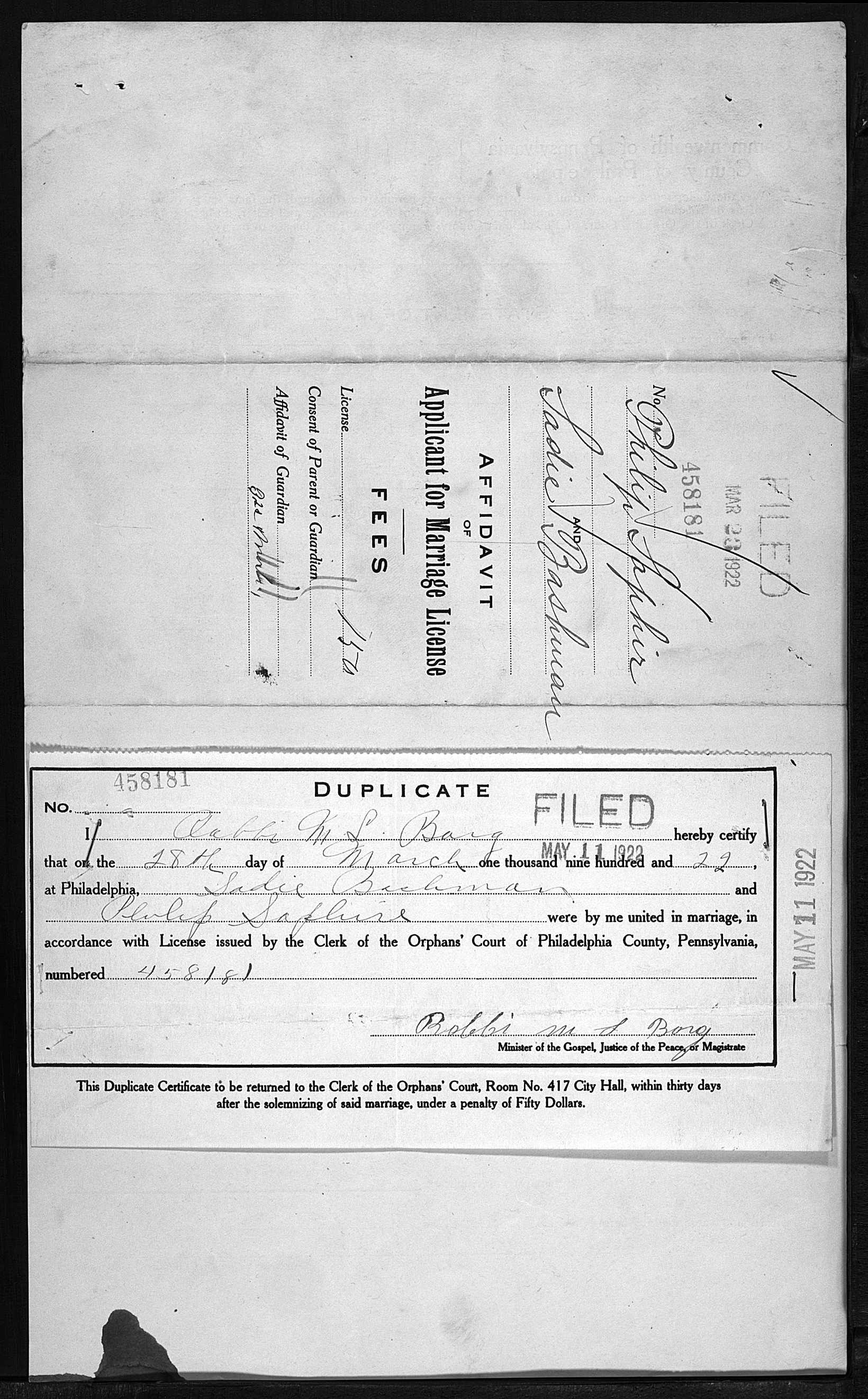 Philip Saphir and Sadie Bashman marry in 1922 original source